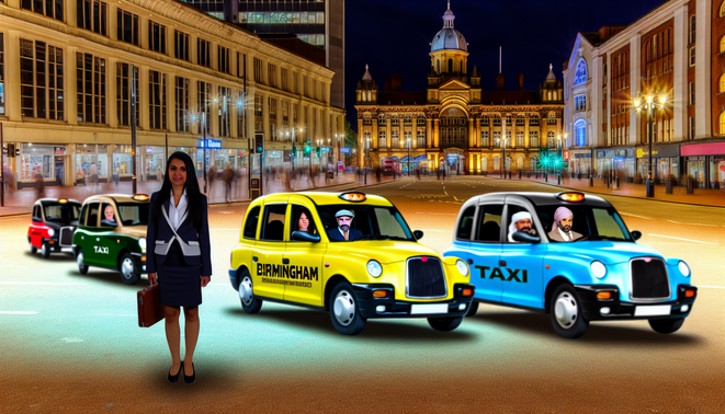 alt_text: A vibrant scene of Birmingham's taxi service, showcasing landmarks, diverse passengers, and glowing streetlights.