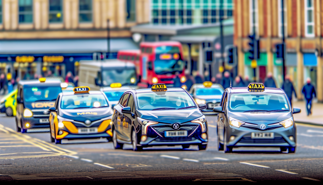 alt_text: A vibrant Birmingham taxi scene with iconic landmarks, diverse taxis, and lively urban life.
