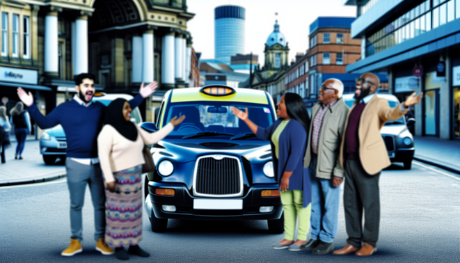 alt_text: A busy Birmingham street with a modern taxi, diverse people hailing it, and iconic landmarks nearby.