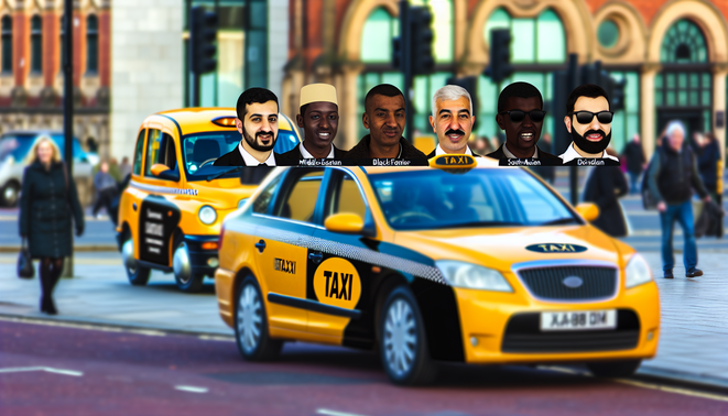 alt_text: A vibrant Birmingham taxi scene, with landmarks, diverse people, and a lively urban atmosphere.