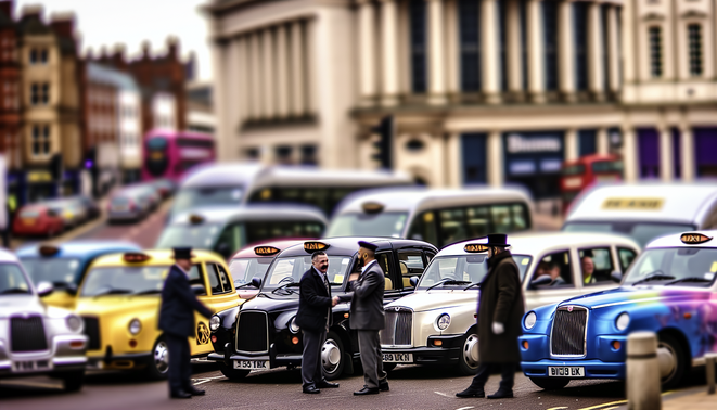 alt_text: A lively Birmingham scene with diverse taxis, iconic landmarks, and friendly passenger-driver interactions.