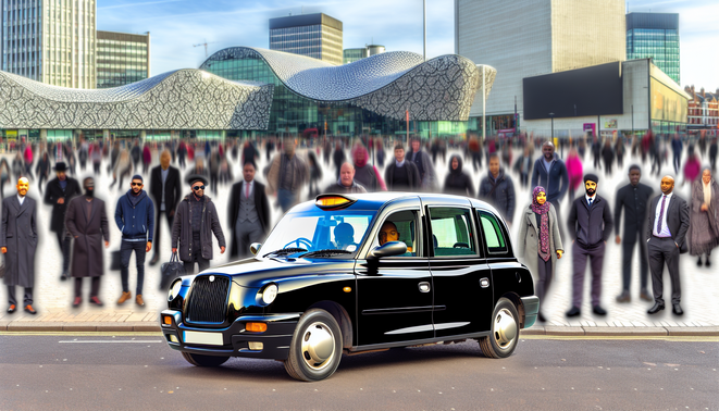 alt_text: Modern black cab parked on a lively Birmingham street, with iconic landmarks and bustling crowds.