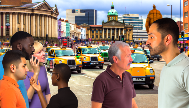 alt_text: A vibrant Birmingham taxi scene with landmarks, taxis, and urban life, blending tradition and modernity.