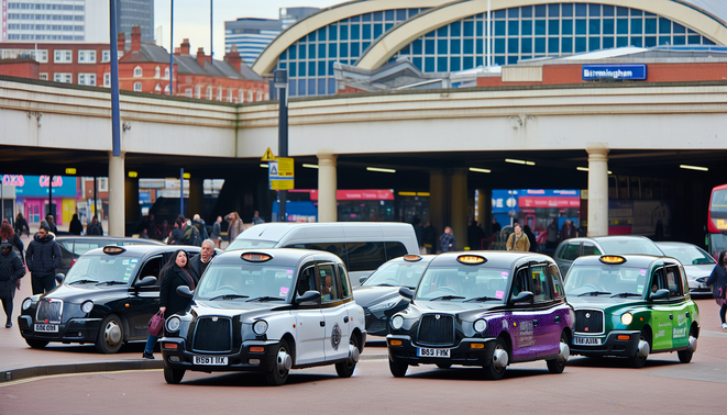 alt_text: A lively Birmingham taxi scene with black cabs and ride-shares near iconic landmarks.