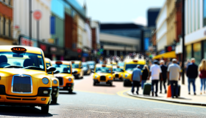 alt_text: A lively Birmingham street scene with taxis, landmarks, and bustling city life showcasing connectivity.