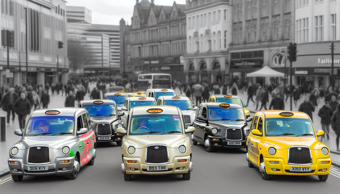 alt_text: Vibrant Birmingham street scene with diverse taxis, landmarks, and bustling city life.