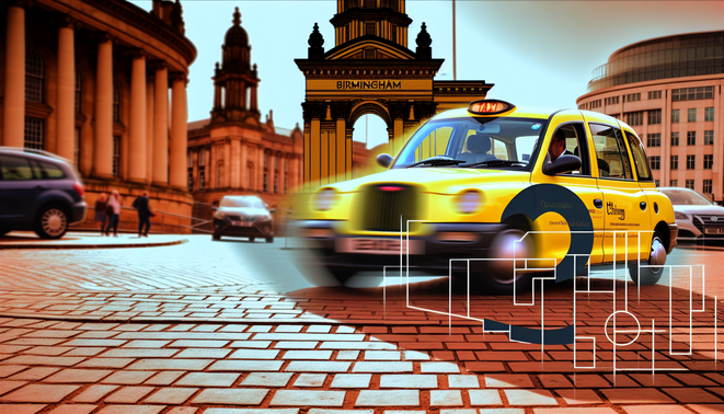 alt_text: A vibrant Birmingham taxi scene with landmarks, diverse passengers, and an inviting logo overlay.